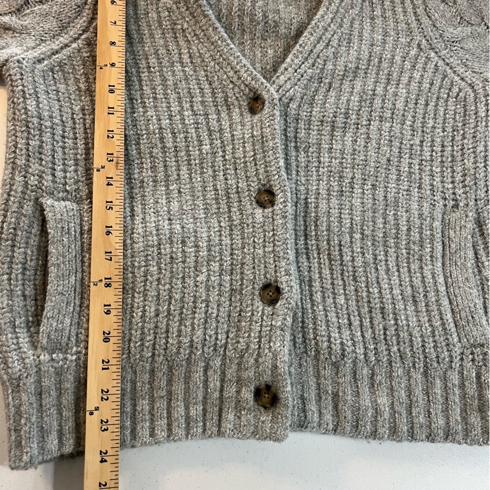 Lucky Brand Cable Knit Cardigan Sweater Wool Blend Chunky V-neck Pockets Gray M - Picture 12 of 16